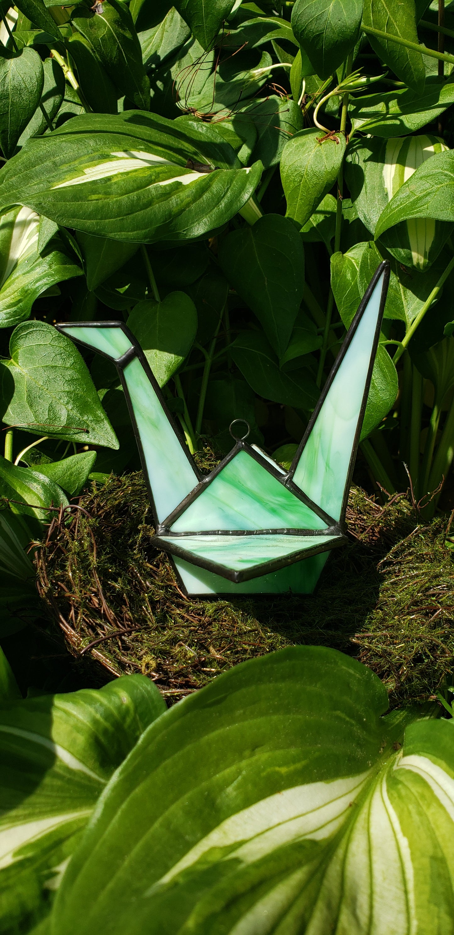 Creamy Green/White Stained-Glass Crane Small (5)