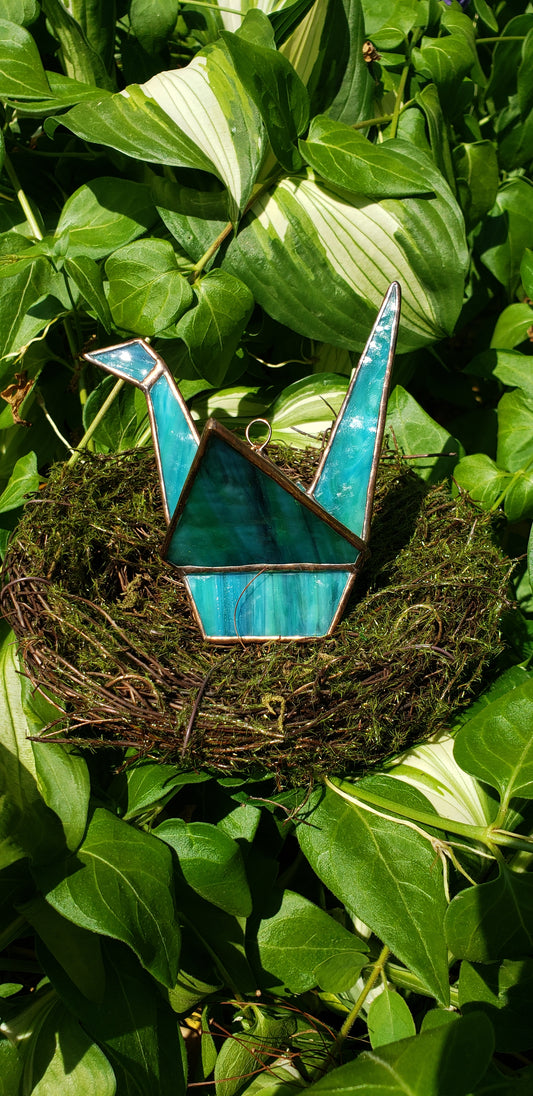 Blue/Green Swirl Stained-Glass Crane (4)