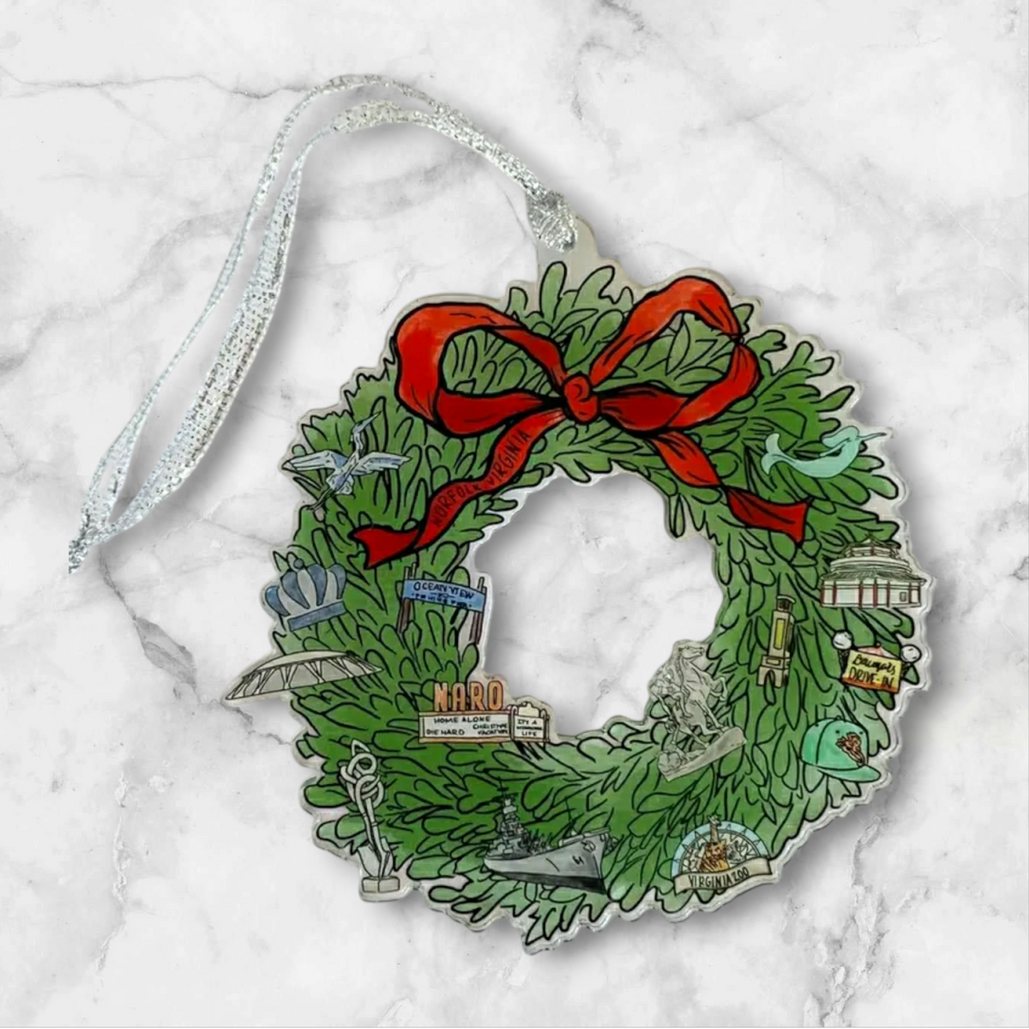 Norfolk, Virginia Christmas Wreath Acrylic Ornament 4in